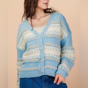 Very J Blue Multi Color Textured Knit Sweater Cardigan